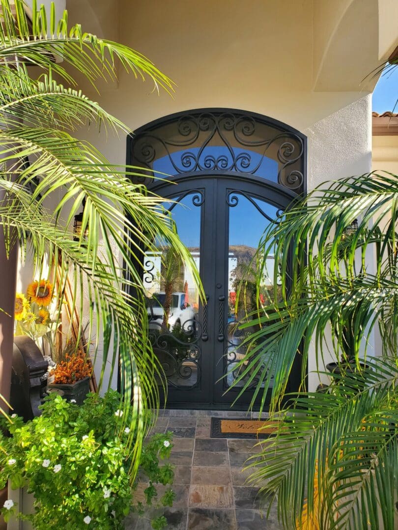 A door with a wrought iron frame and a metal arch.